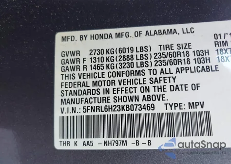 2019 Honda Odyssey Lx from USA, damaged, VIN 5FNRL6H23KB073469